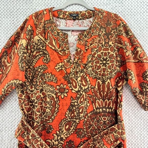 Talbots Dress Womens 8 Orange Paisley Pineapple Linen Midi Belted Half Sleeve - Picture 3 of 12